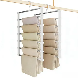 HUKUMA 2 Stück Hosenbügel Platzsparend, Hosenbügel mit 6 Ebenen Edelstahl, Praktische Hosen Kleiderbügel, Multifunktions Kleiderbügel für Hosen Schals Handtücher und Kleine Kleidungsstücke