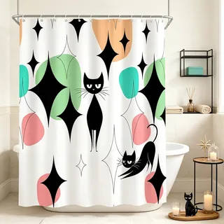 LAEDCIITI Mid Century Duschvorhang mit schwarzer Katze, modern, atomares, abstraktes geometrisches Muster, Retro, schwarzes Kätzchen, Tier, 1950er und 1960er Jahre, Vintage, lustig, blaugrün, Stoff,