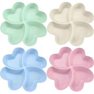 Snackteller,Snackteller mit 4 Fächern, Herzförmige Snackschale, snack schalen, Party Obstplatte Teller Obstteller Snack, Obst, Nüsse, , für Süßigkeiten, DessertsRosa und Hellblau, 4 Stück