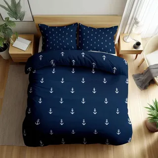 Nautisches Marineblau Bettwäsche 135x200 cm Maritim Anker Bettbezug | Wende Bettwäsche Set für Allergiker, 3-teilig Weiche Kuschelige Bettbezug mit Reißverschluss & 2 Kissenbezügen 80x80 cm