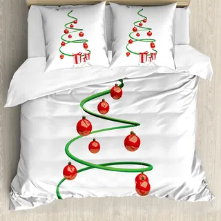 ABAKUHAUS Weihnachten Bettbezug, Abstrakte Weihnachtsbaum, Milbensicher Allergiker geeignet mit Kissenbezügen, 155 cm x 220 cm - 80 x 80 cm, Grün, Rot, Weiß - Weiß
