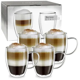 Creano doppelwandiges Thermoglas mit Henkel 400ml, großes Doppelwandglas aus Borosilikatglas, Kaffeegläser, Teegläser, Latte Gläser 4er Set