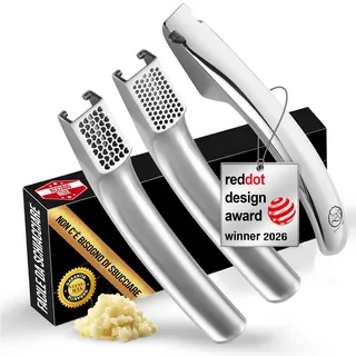 gourmet easy Knoblauchpresse Edelstahl Set mit 2 Aufsätzen | Knoblauch Presse für Knoblauchpaste & Stücke | Garlic Press für Knoblauch & Ingwer (kein Schälen notwendig) | Spülmaschinenfest Lebenszeit-Garantie