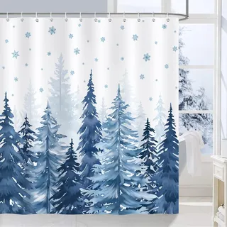 COZZSNUGE Duschvorhang 180 x 180 cm Weihnachten Baum, Winter Kiefern Schneeflocke Blauer Wald Duschvorhänge Anti-schimmel Wasserdicht Polyester Stoff Badvorhang mit 12 Duschvorhangringen