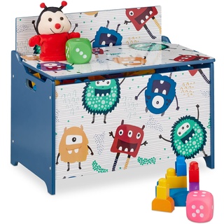 Relaxdays Spielzeugtruhe, Monster-Design, Spielzeugkiste mit Deckel, HBT: 50x60x36,5 cm, MDF, Spielzeugbox, blau/weiß