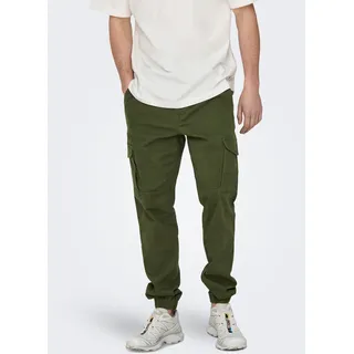 Cargohose ONLY & SONS "ONSCARTER LIFE CARGO CUFF 0013 PANT NOOS", Herren, Gr. 32, Länge 32, grün (olive night), Web, Obermaterial: 98% Baumwolle, 2% Elasthan, unifarben, normal, Hosen Cargohose