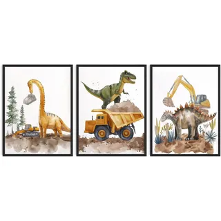 Dazzlewall 3-teiliges Dinosaurier Baumaschinen Wandbild Set, Wasserfarben Poster für Kinderzimmer Spielzimmer 30x40cm Ohne Rahmen