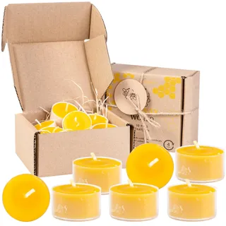 BeesWax World Teelichter aus 100 % natürlichem Bienenwachs | 10-50-teiliges Set mit stabilen Dochten | Ø 37 mm | 4 Std Brenndauer – Metall | Transparent | Weiß – Allergiefrei (Transparent, 10)