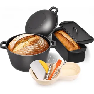 GFTIME Gusseisen Topf 26cm Brot Backen inkl. Brotbackform mit Deckel inkl. Gärkorb - Robuste Brotbackform mit Deckel - Idealer Brottopf, Brotbacktopf, Gusseisentopf Brotform, Toastbrot Backform