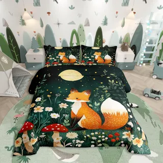 Homewish Rustikale Fuchs Bettwäsche 135x200 Kinder,Cartoon Waldtier Fuchs Aufdruck Bettbezug für Jungen Mädchen Jugendliche,Botanisches Pilz Blumen Mondmuster Bettwäscheset Wendbar Mit 1 Kissenbezug