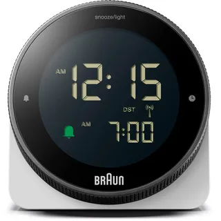 Braun digitaler Funkwecker für die mitteleuropäische Zeitzone (DCF) mit Schlummerfunktion, umgekehrtem LCD-Display, drehbarer Lünette für schnelle Zeiteinstellung, Piepton-Alarm in Weiß, BC24W-DCF