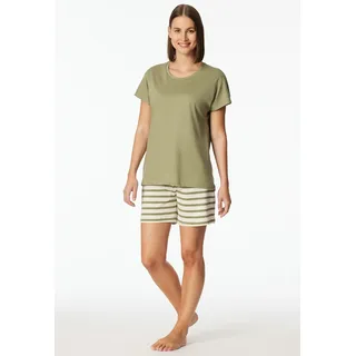 Shorty SCHIESSER "Casual Essentials", Damen, Gr. 42, grün (705, grün), Single Jersey, Obermaterial: 100% Baumwolle, Basic kurz, Rundhals, Homewear-Sets Shorty, mit unifarbenem Shirt und gestreifter Hose