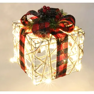 Flair Flower Weihnachtsfigur Leuchtfigur LED-Geschenk mit Schleife Tanne Beeren Zapfen 19x15x15cm Geschenkpaket Weihnachtsdeko beleuchtet Leuchtbox Led-Deko Boxen Weihnachten Geschenkbox Geschenkverpackung