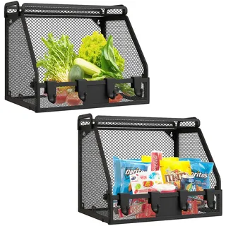 Gemsaya 2 Stück Obstkorb Hängend Küchen Organizer, Faltbar Obst Aufbewahrung Küchenorganizer mit 4 Haken, Wandmontierbar Drahtkorb für Aufbewahrung Obst Gemüse Snacks (Schwarz)