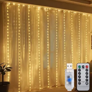 salcar 3x3m 300 LED Lichterkette Vorhang mit Timer, Wasserdicht USB Lichterketten Vorhang Innen Außen für Weihnachten Hochzeit Party Terrasse, Warmweiß