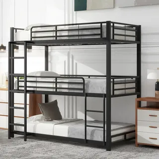 Sweiko 90x200cm Bettgestell Metallbett,Etagenbett,Eisenbett, Dreifach-Etagenbett für Kinder, Jugendliche und Erwachsene, Schwarz - Schwarz