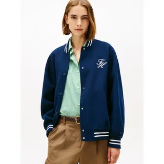 Bomberjacke TOMMY HILFIGER "DF WOOL VARSITY BOMBER", Damen, Gr. 34, schwarz night navy, Web, Obermaterial: 60% Wolle, 40% Polyester, unifarben mit Farbeinsatz, regular fit, Rippbündchen, Jacken Bomberjacke, mit Wolle