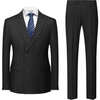 MOGU Herren Zweireihiger Nadelstreifen-Anzug, 2-teilig, schmale Passform, Smoking, formelle Jacke und Hose für Business, Hochzeit, Abschlussball, Schwarz, S
