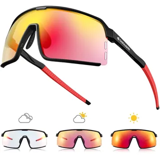 Odoland Photochromatische Selbsttönend Fahrradbrille Sportsonnenbrille Herren Damen, Sportbrillen UV 400 Schutz Radsport Brillen für Outdoor Schnelle Radfahren Laufen Rot