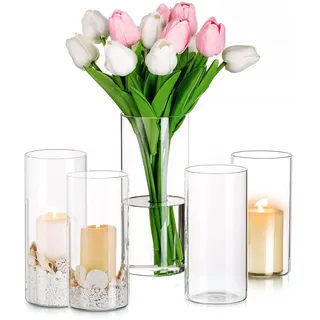 uyoyous Glasvasen Set 15 Stück Zylinder Vase Glas für Tischdeko Vasen Tulpenvase Glasvase Gross Vase Kerzenhalter Glaszylinder Set Hochzeit Blumenvasen Set, 13/15/20cm Hoch