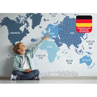Osomhome - Wandtattoo Weltkarte Kinder - *Deutsch* [150x100cm] Pastellfarben Blau | Wandtattoo Kinderzimmer Junge & Mädchen, Wandsticker Kinderzimmer Jungen | World Map Wall Decoration | os5015