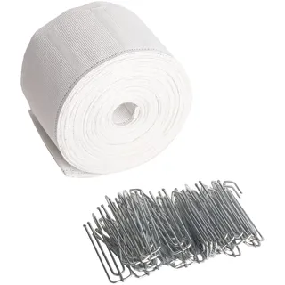 Vorhangfaltenband, 10 Meter, Pinch-Faltenband für Vorhänge, inklusive 30 Stück Edelstahl, 4 Zinken, Vorhangfalten-Haken für DIY-Pinch-Faltenvorhang, Weiß