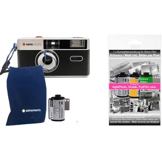 AgfaPhoto analoge 35mm Kleinbildfilm Foto Kamera schwarz + Schwarz/Weiß Bilder Film + Batterie + KOMPLETTENTWICKLUNG FILM + BILDER