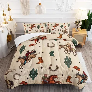 XYNHML Western Cowboy Pferd Tröster Set 3 Stücke Queen Wrangler Hut Kaktus Bettwäsche Set für Teenager Mädchen Junge Erwachsene Hufeisen Reitstiefel Bed Decor Braun Vintage Quilt mit 1 Bettdecke und 2