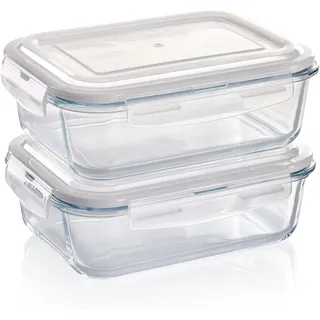 Grizzly Glas Frischhaltedosen, Set 2x 1520 ml, luftdicht, rechteckig, Click-Verschluss, vielseitige Vorratsdosen für Ofen, Mikrowelle, Gefrierfach
