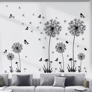 decalmile Wandtattoo Pusteblume Wandaufkleber Löwenzahn Schwar Schmetterling Wandsticker Wohnzimmer Schlafzimmer Flur Wanddeko (2 Packung)