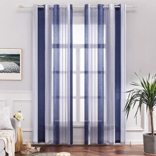 MIULEE Gardinen Gestreift Transparent mit Ösen, Voile Vorhänge Wohnzimmer Modern 2er Set, Vorhang Schlafzimmer Transparent mit Blau Weiss Gestreift Muster, Vorhang Halbtransparent Streifen 140X215 cm