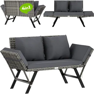 CASARIA® Gartenbank Polyrattan mit Liegefunktion Wetterfest Auflage Kissen Verstellbare Armlehnen 3-Sitzer Outdoor Garten Terrasse Balkon Sofa Couch Liege - Grau