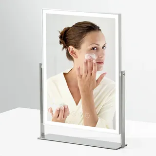 NEZZOE Wiederaufladbarer Schminkspiegel mit Beleuchtung, 3 Farbmodi, LED Makeup Spiegel mit 360° Drehung, Metallständer, 35cm rechteckiger Kosmetikspiegel mit Beleuchtung, Tischspiegel