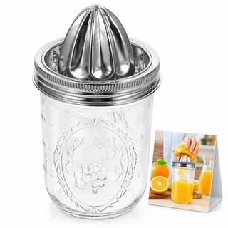 Zitronenpresse Manuell Edelstahl und Glas 480ml Citrus Presse Mason Jar | Manuelle Zitruspresse und Orangenpresse, Kleine Saftpresse mit Glasbehälter, Citrus Presse für Küche, Bar und Camping