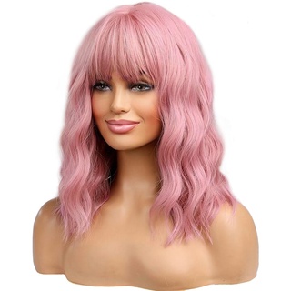 BERON BERON 14 Zoll Damen Mädchen kurze lockige synthetische Perücke mit Air Bangs Lovely Pink, 230 Gramm