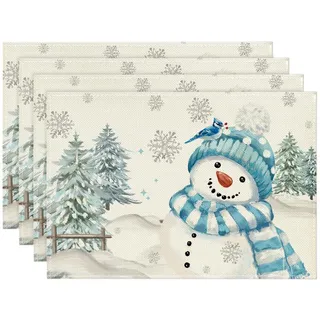 Artoid Mode Blau Schneemann Weihnachten Platzsets 4er Set, 30x45cm Winter Xmas Tischset Waschbar Platzdeckchen Küche Party Deko