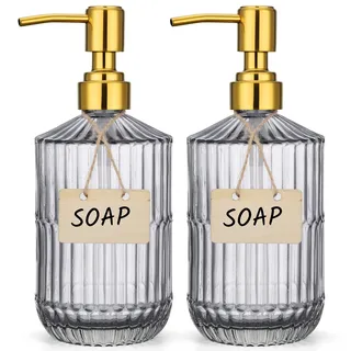 Segbeauty Seifenspender Grau, 2 Stück 450ml Seifenspender Vintage mit Edelstahlpumpe, Pumpspender Glas Nachfüllbarer für Küche, Modern Gestreiftes Design