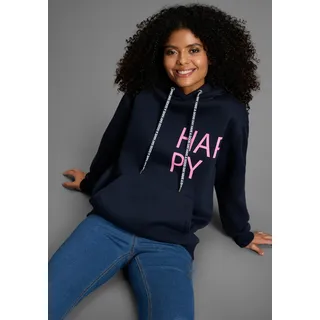 Hoodie LAURA SCOTT, Damen, Gr. 48/50, blau (navy blau, multicolorot prints), angeraute Sweatware, Obermaterial: 70% Baumwolle, 30% Polyester. Bündchen: 98% Baumwolle, 2% Elasthan. Kapuzenfutter: 100% Baumwolle, oversize hüftbedeckend, Rippbündchen, Sweatshirts Hoodie, Kapuze, Rundum-Prints und Kängurutasche für lässige Looks