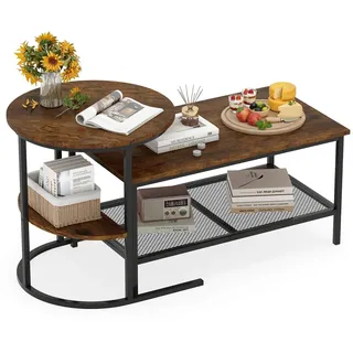 FANTASK 2er Set Couchtisch, Sofatisch Marmor Optik mit Metallrahmen, Wohnzimmertisch mit Ablage, Kaffeetisch, Beistelltisch für Wohnzimmer, Schlafzimmer (Rustikales Braun)