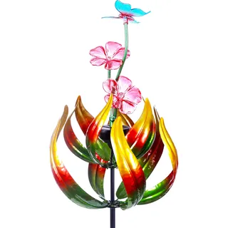 Solar Schmetterling Tulpen 69 Zoll Windfänger für Hof kinetisches Windspiel mit Gartenstecker, 360 Grad drehbarer Schmetterling Tulpen Outdoor Windskulptur Spinner Metall Windmühle Kinetic Garten