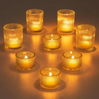 Glasseam Klar Teelichthalter Glas, Kleine Kerzenhalter Teelicht Satz von 8, Gerippt Kerzenglas, Teelichtgläser Weihnachten für Hochzeit Tisch, Votivkerzenhalter für Haus Esstisch Wohnzimmer Deko