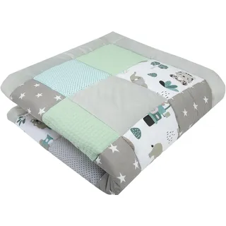 Medi Partners Krabbeldecke für Baby Spielmatte 100% Baumwolle Krabbelmatte - 120x120cm Krabbeldeck Dick Weich Decke Laufgittereinlage Babydecke Minky Waffel Spielbogen (Mint Zoo)