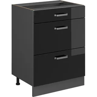 Vicco Küchenunterschrank R-Line, 60 cm mit Schubladen, ohne Arbeitsplatte, Schwarz Hochglanz/Anthrazit