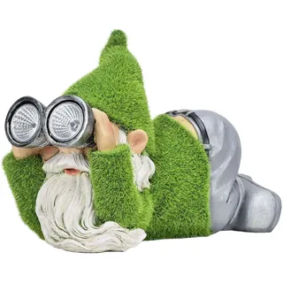 TERESA'S COLLECTIONS Lustig Gartenzwerge Gartendeko für Draußen Zwerge Figur mit Solarleuchte beflockter Gartenfiguren aus Harz Wasserfest Gartenwichtel Gartendeko