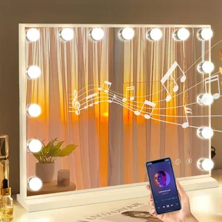FENCHILIN Hollywood Spiegel mit Beleuchtung Lautsprecher USB Schminkspiegel mit 15 Dimmbaren LED Lampen, Touch Control Schminkspiegel Spiegel mit Beleuchtung 3 Lichtlfarben Memory Funktion