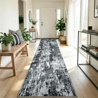 DEFYNEE Teppich Läufer 60 x 240 cm, rutschfest Teppichläufer, Kurzflor Küchenläufer, Waschbar, Faltbar, Abstraktes Design für Eingang, Küche, Wohnzimmer & Büro, Schwarz