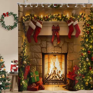 Hnmdmyi Duschvorhang 180x200, Bauernhaus Weihnachten Kamin Roter Strumpf Weihnachtsbaum Geschenkboxen Badewanne Vorhang Frohe Weihnachten Winter Urlaub Wasserdicht Polyester Stoff Badevorhang