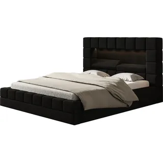 Polsterbett HILTON 120 x 200 cm mit LED Beleuchtung, Doppelbett inkl. Bettkasten und Lattenrost, Farbe Schwarz - Schwarz