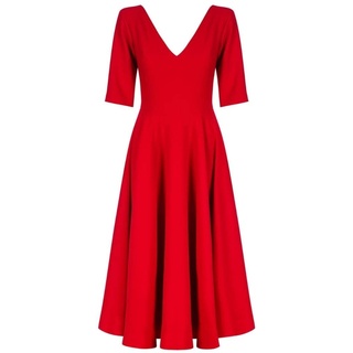 Swing Fashion Women's Sally Rose Damen Midikleid | Elegantes Festliches Kleid | Partykleid | Abendkleid | Hochzeitskleider | Abschlussballkleid | Ballkleid | V-Ausschnitt | 3/4 Ärmel | Rot | 36 (S)