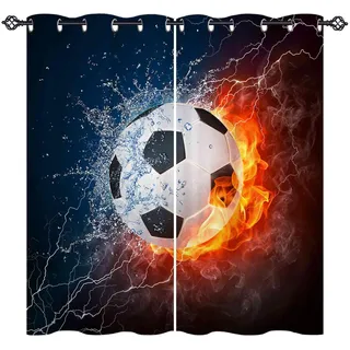 ANHOPE Sport Thema Flamme Fußball Vorhänge mit Ösen Blickdichte Gardinen Thermo Vorhang Blackout Curtain Schlafzimmer Wohnzimmer Kinder Jungen Mädchen Verdunklungsvorhänge 2er Set H 138 x B 132 cm